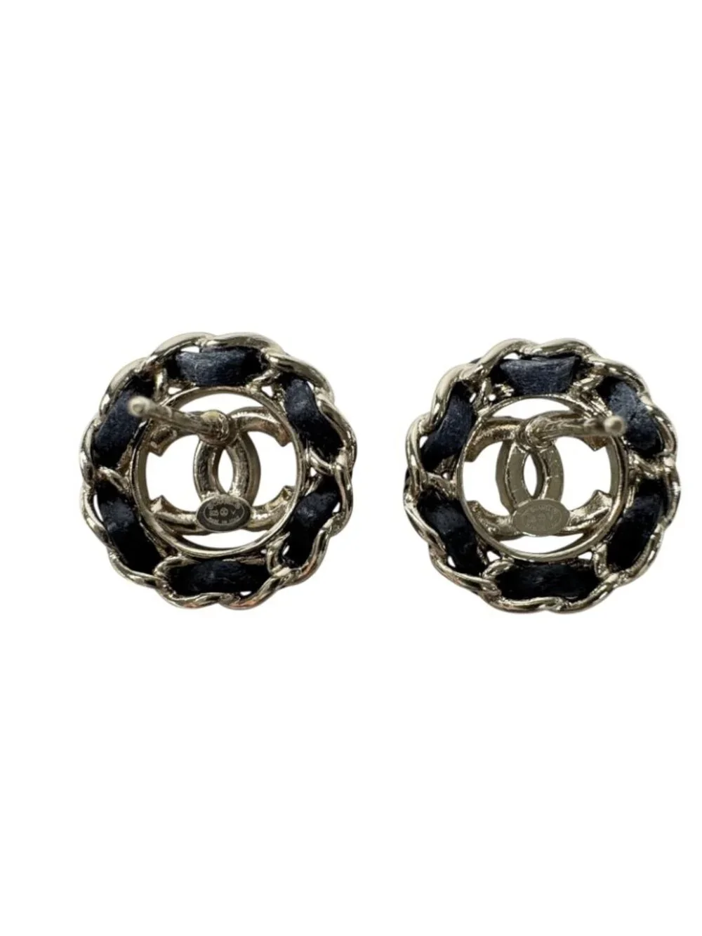 Chanel CC Logo Rhinestone Leather Chain Earrings